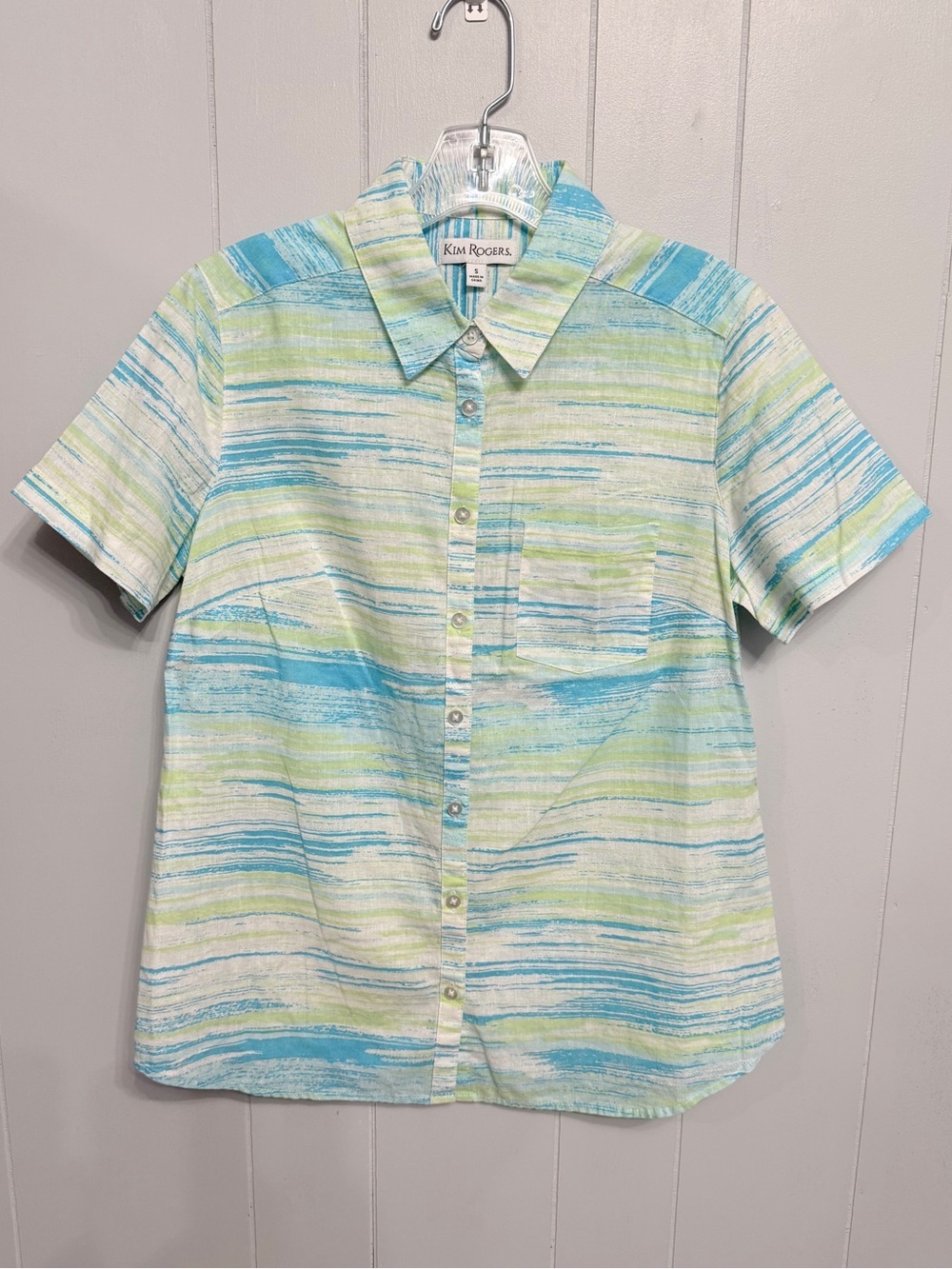 #18) Kim Rogers Linen-Cotton Striped Shirt in Blue & Green